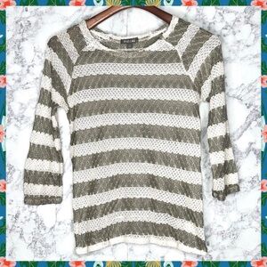 Roz & Ali 90s Open Knit Stripe Sweater Women’s Small Olive Green Cream